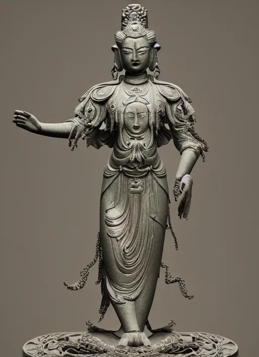 Image similar to a art deco sculpture statue of full body guanyin, intricate complexity,, statue by jane hamilton, ruan jia, character concept, radiant light,, frostbite 3 engine, cryengine, dof, trending on artstation, digital art, fantasy detailed abackground