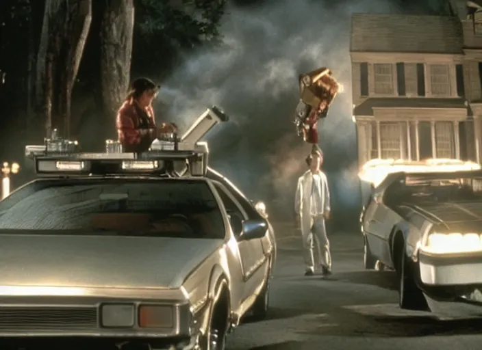 Image similar to screenshot from the iconic scene from the lost Back to the Future film directed by Martin Scorsese, cinematic lighting, unsettling set design with extreme detail, moody cinematography, with anamorphic lenses, crisp, detailed, 4k image, starring Marty Mcfly