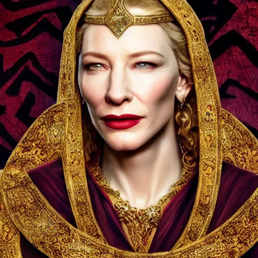 Prompt: Portrait cate blanchett ancient biblical, sultry, sneering, evil, pagan, wicked, queen jezebel, wearing gilded ribes, highly detailed, masterpiece 8K digital illustration