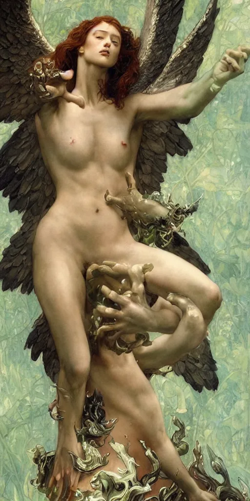 Prompt: epic masterpiece full body of a fallen angel fighting with a hydra, a stained class painting, beautiful face and flawless skin, perfect hands, emeralds by Edgar Maxence and Ross Tran and Michael Whelan