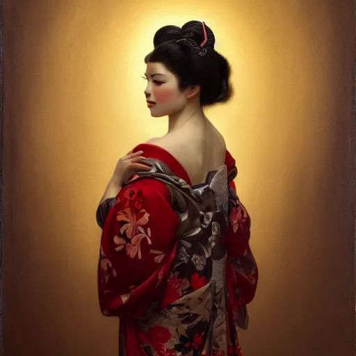 Image similar to highly detailed oil painting | very intricate | cinematic lighting | award - winning | the chicano geisha in an exquisite kimono | by roberto ferri, by tom bagshaw, by j. c. leyendecker and klimt, beautiful cinematic light, american romanticism, by austin osman spare, artstation, cgsociety, official art, octane