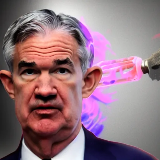 Image similar to photo of Jerome Powell with whiteface clown makeup using a flamethrower projecting a long flame