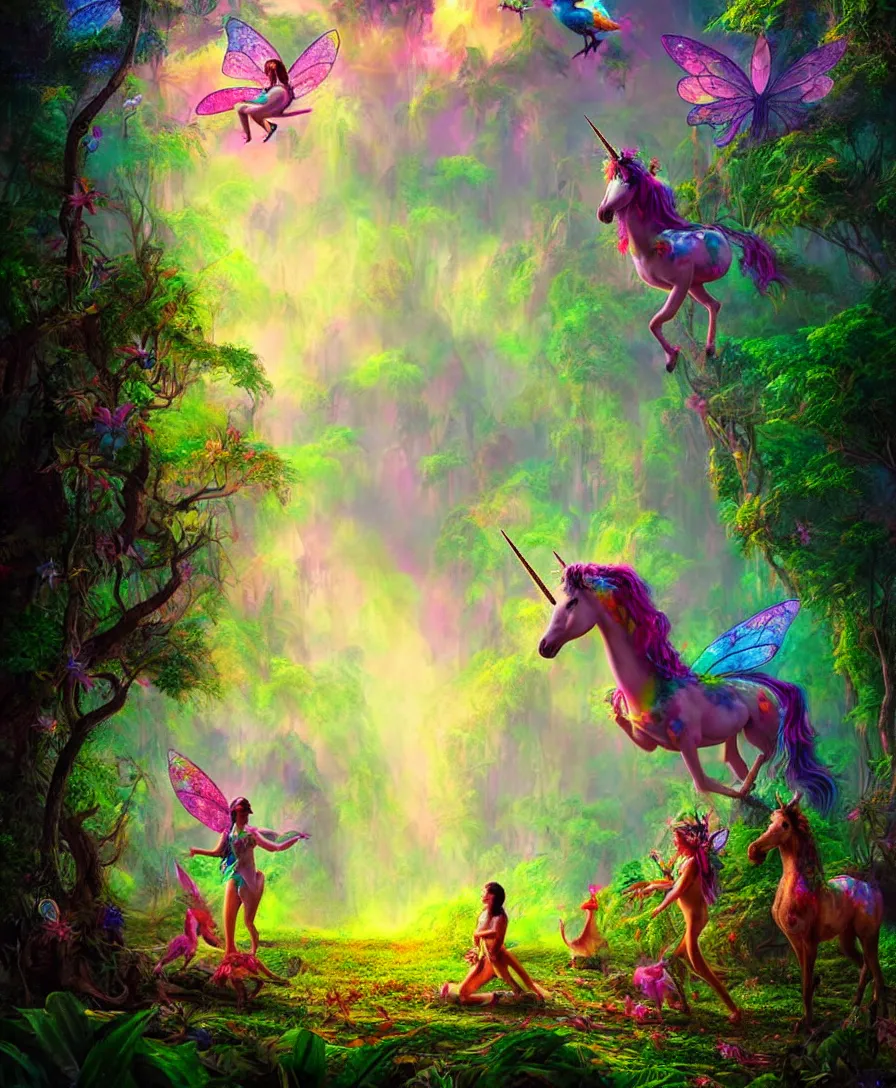 Image similar to fairy tell story of jungle, unicorns standing on ground, psychedelic colorful birds sitting on trees, concept art, digital painting, cinematic lightening, people are wearing masks, wide angle shot, in the style of greg rutwoski, very hyper realistic, highly detailed, fantasy art station