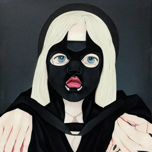 Image similar to Elle Fanning wearing black cultist robes picture by Sachin Teng, asymmetrical, dark vibes, Realistic Painting , Organic painting, Matte Painting, geometric shapes, hard edges, graffiti, street art:2 by Sachin Teng:4