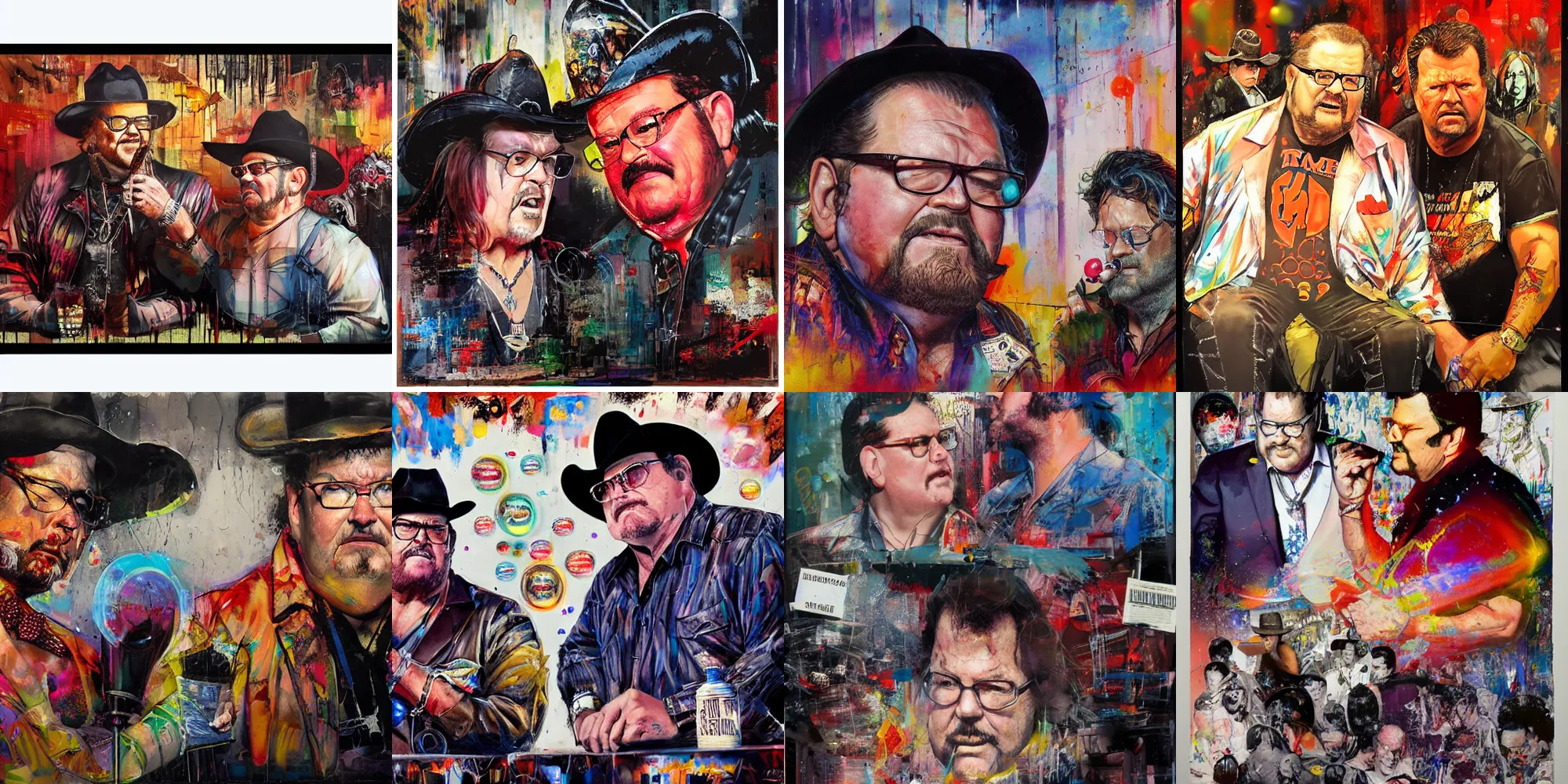 Prompt: jim ross and jerry the king lawler sitting ringside, j r, ( hallucinating colorful soap bubbles ), by jeremy mann, by sandra chevrier, by dave mckean and richard avedon and maciej kuciara, 8 0's, high detailed, 8 k