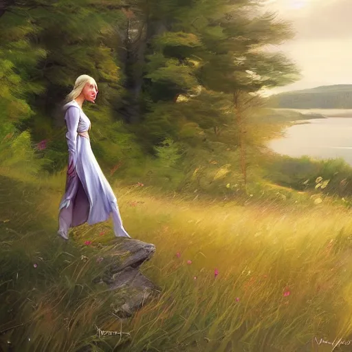 Image similar to blonde female jedi, Swedish countryside, landscape view, archipelago, freedom, abstract, by Vladimir Volegov, wlop, artstation