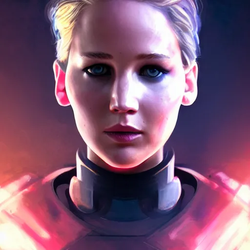 Image similar to jennifer lawrence portrait, dystopia core, apocalyptic, armor, warrior, dramatic, sharp focus, fiction, neon, fantasy, hyper detailed, digital art, trending in artstation, cinematic lighting, studio quality, smooth render, unreal engine 5 rendered, octane rendered, art style and nixeu and wlop and krenz cushart