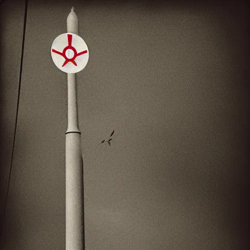 Prompt: photo of small sign showing a danger symbol, in the background there is a nuclear tower with lots of steam, pictorialism style