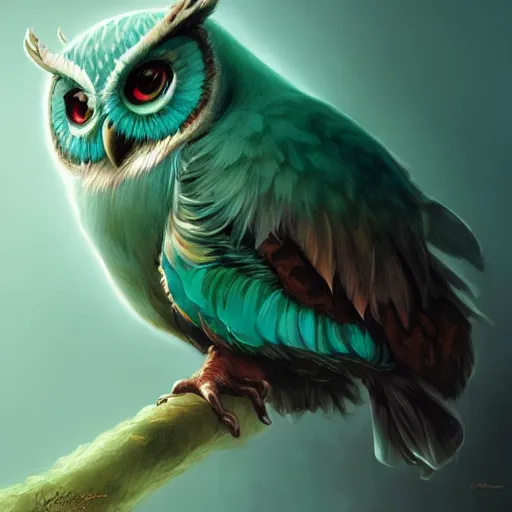 Image similar to A teal owl, D&D, fantasy, highly detailed, digital painting, artstation, smooth, sharp focus, illustration, art by artgerm and greg rutkowski and alphonse mucha