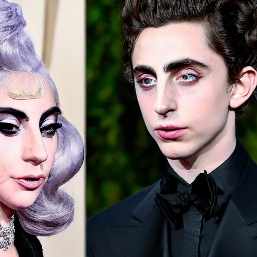 Prompt: timothee chalamet and lady gaga meet eachother photographed by pascal rostain, highly beautiful faces, highly detailed