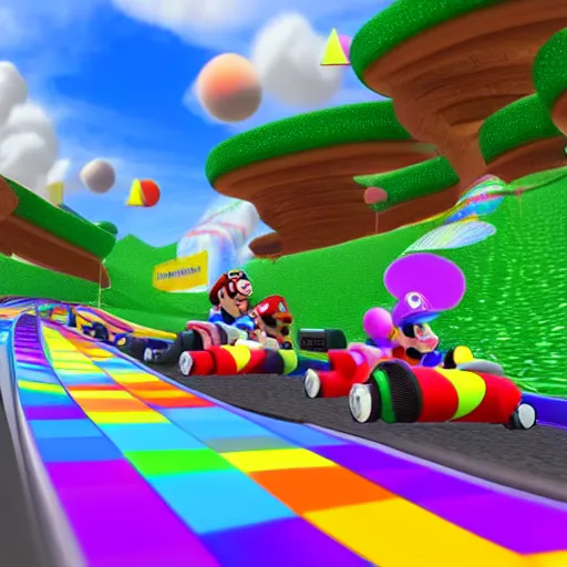 Prompt: Mario kart rainbow road, hyper realistic