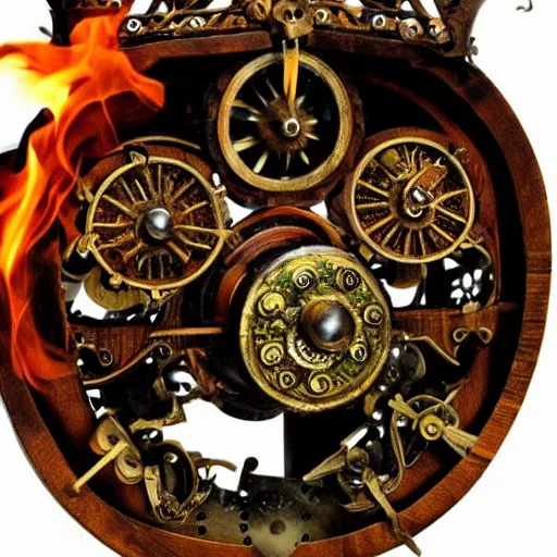 Prompt: A portrait of a complex wooden automaton with fire in its eyes, medievalpunk, clockworkpunk, detailed, orange