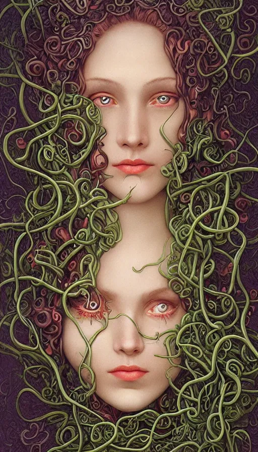 Image similar to very detailed portrait of a 2 0 years old girl surrounded by tentacles, the youg woman visage is blooming from fractal and vines, by gerald brom,