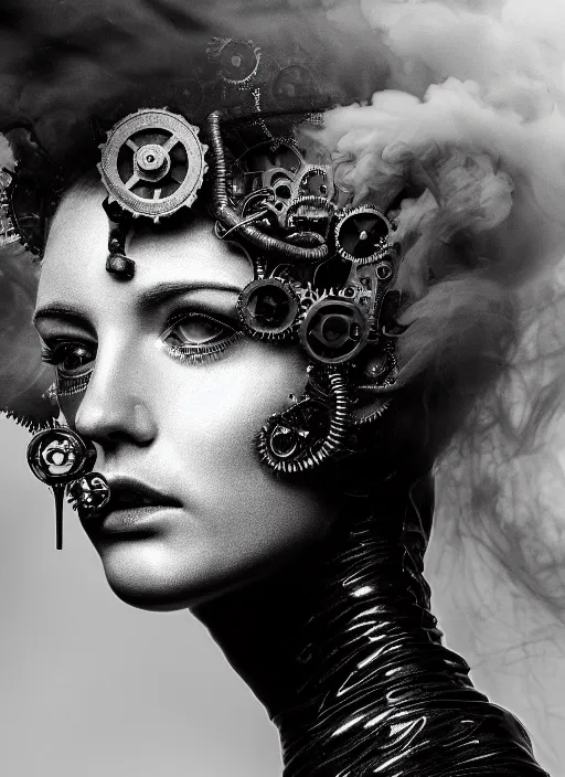 Prompt: a beautiful young female profile face made of steampunk smoke, by h. r. giger, glamor shot, tri - x 4 0 0 tx, closeup, blur effect, high contrast, 1 6 k, rim lights, rembrandt lighting, reflective, insanely detailed and intricate, hypermaximalist, elegant, ornate, hyper realistic, surreal dreamy poetic