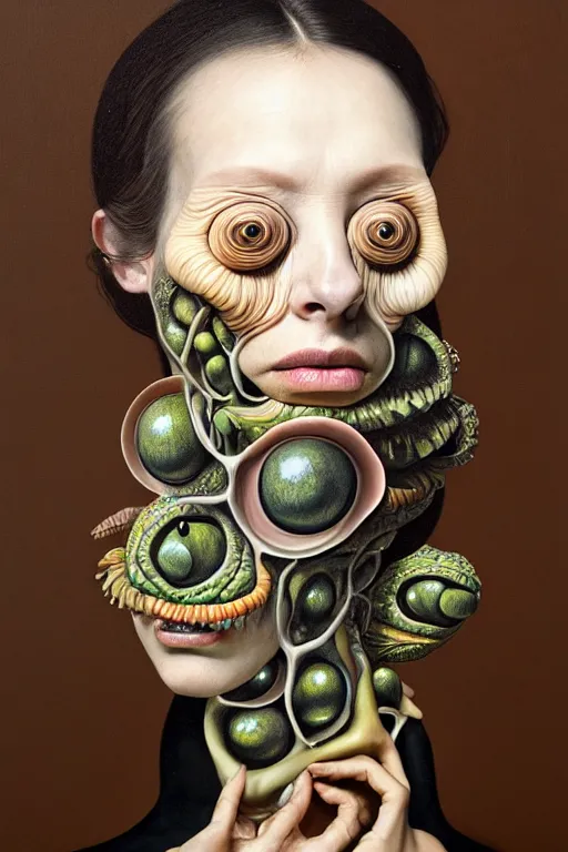 Image similar to a strange surrealist, biomorphic, portrait of a woman with large eyes wearing a black turtleneck, by dali, marco mazzoni, james jean and rachel ruysch, emotionally evoking, looming, head in focus, arcimboldo, volumetric lighting, masterpiece