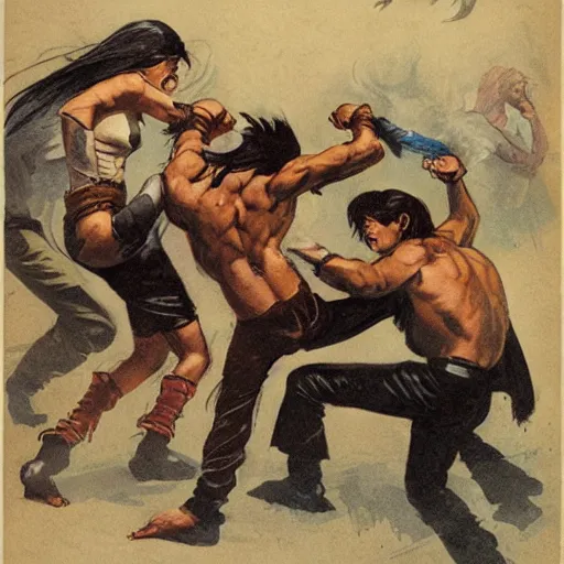 Prompt: vintage comic, greg rutkowski man with long dark hair fighting several martial artists at once