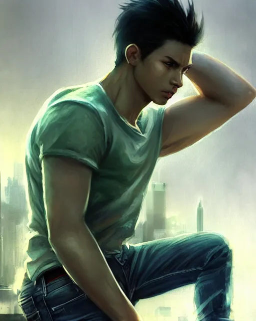 Prompt: battle hardened, overpowering, pragmatic, charismatic character male handsome muscular wearing jeans and t - shirt, face centered portrait, confident, modern cityscape, outdoors, architecture, fog, sunny, volumetric lighting, illustration, perfectly shaded, greenish tinge, cold lights soft painting, art by krenz cushart and wenjun lin