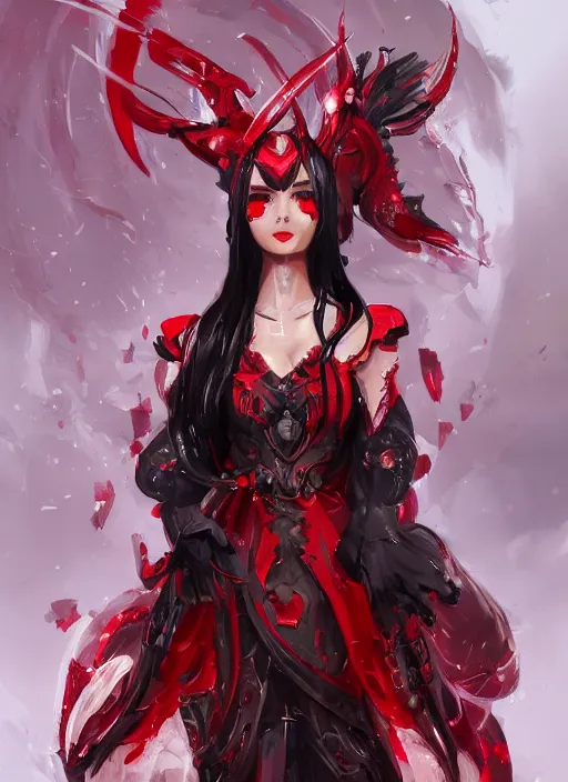 Image similar to a highly detailed illustration of beautiful long hime cut black hair woman wearing a red battle dress, red eyes, dramatic smile pose, intricate, elegant, highly detailed, centered, digital painting, artstation, concept art, smooth, sharp focus, league of legends concept art, WLOP