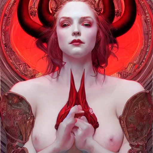 Prompt: Portrait of beautiful pale demon girl with horns, red lighting, intricate, elegant, highly detailed, digital painting, artstation, smooth, sharp focus, illustration, art by artgerm and greg rutkowski and alphonse mucha and Wayne Barlowe