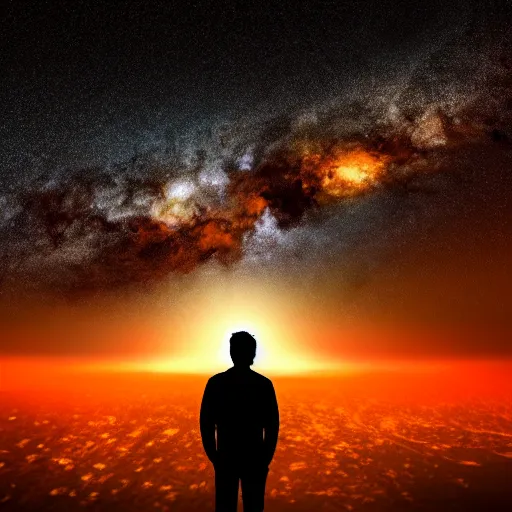 Prompt: 4K ultra HD detailed award-winning wallpaper silhouette of lonely man standing looking at Earth from far away huge vast sky universe