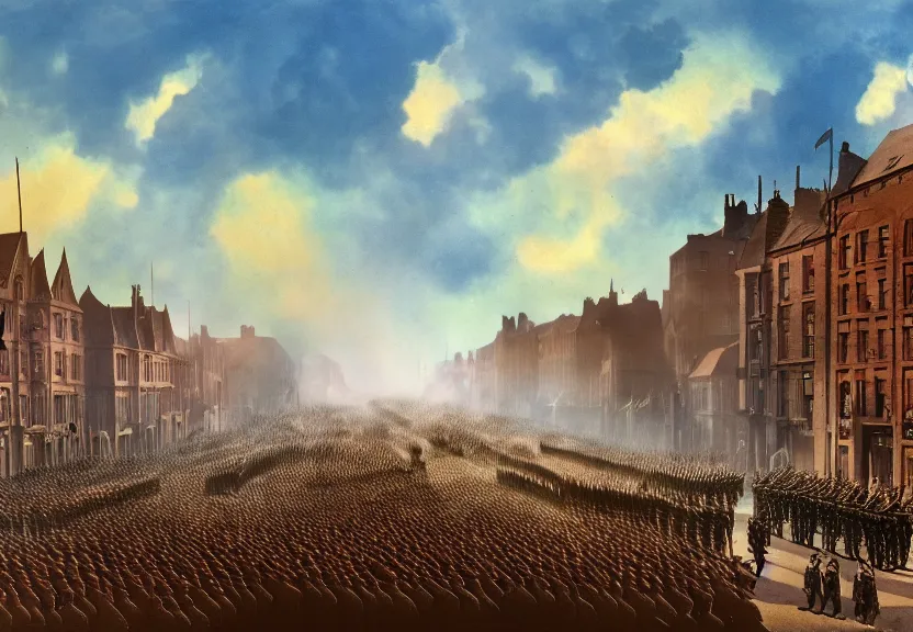 Prompt: a wwi army parade down a town street, first world war, british, blue sky, 2 0 th century, sunny, detailed, volumetric, cinematic lighting, realistic, digital art