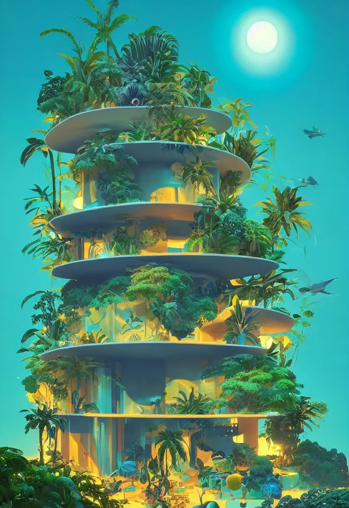 Image similar to a luminescent tropical cottage by paolo eleuteri serpieri and tomer hanuka and chesley bonestell and daniel merriam and tomokazu matsuyama, unreal engine, high resolution render, featured on artstation, octane, 8 k, highly intricate details, vivid colors, vector illustration