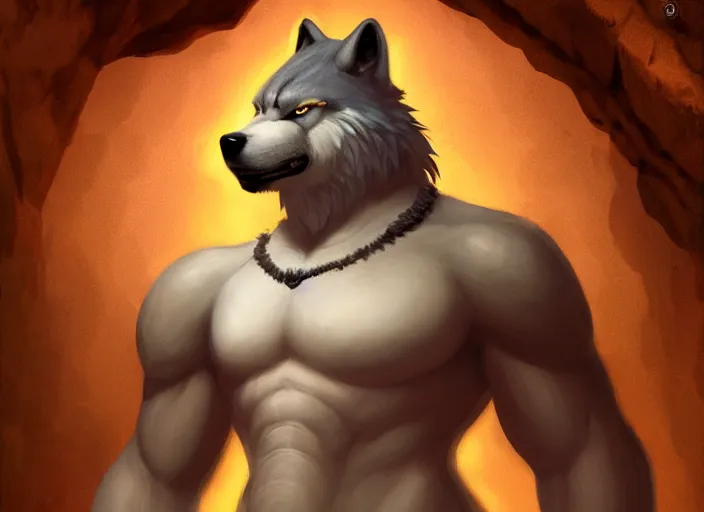 Image similar to burly character portrait feature of the anthro male anthropomorphic wolf fursona animal person wearing tribal primitive caveman outfit belt standing in the entrance to the cave, center framed character design stylized by charlie bowater, ross tran, artgerm, makoto shinkai, detailed, soft lighting, rendered in octane