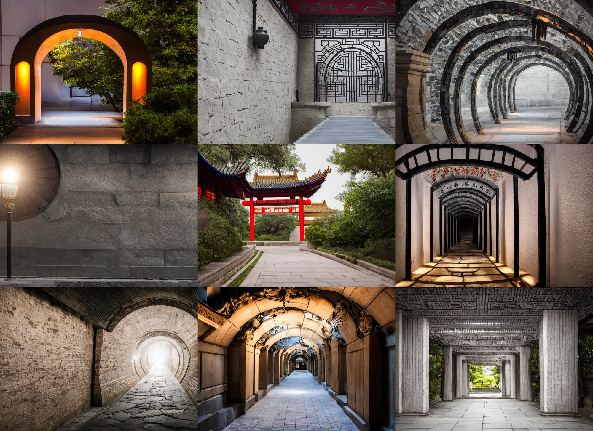 Prompt: photo still of chinese moongate pathway, architecture, 8 k, studio lighting bright ambient lighting key light, 8 5 mm f 1. 8