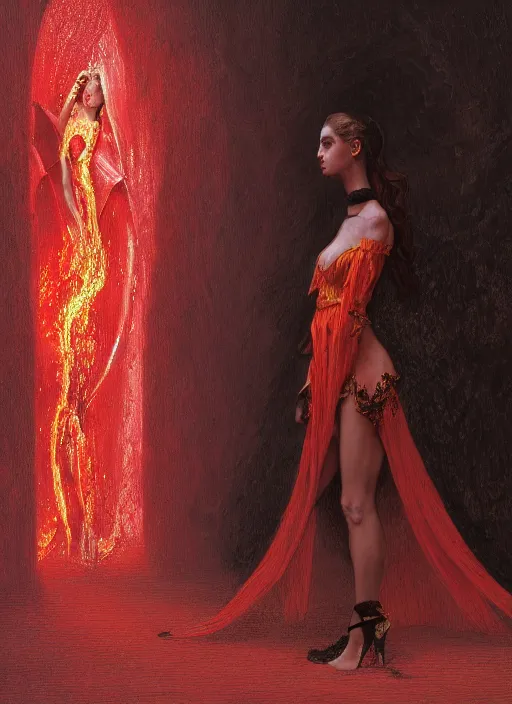 Image similar to Girl at a fashion show in hell, model a magnificent McQueen couture bright clothes, fashion style, horror, fire, lava, intricate, elegant, highly detailed, artstation, concept art, smooth, sharp focus, illustration, art by and greg rutkowski and orientalism and bouguereau and Zdzislaw Beksinski