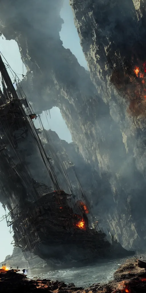 Image similar to Neil Blomkamp movie shot of a cave with a sinking pirate ship, masts and sails in fire, thick smoke, sunlight is coming from a hole above, very detailed, 8k, concept art