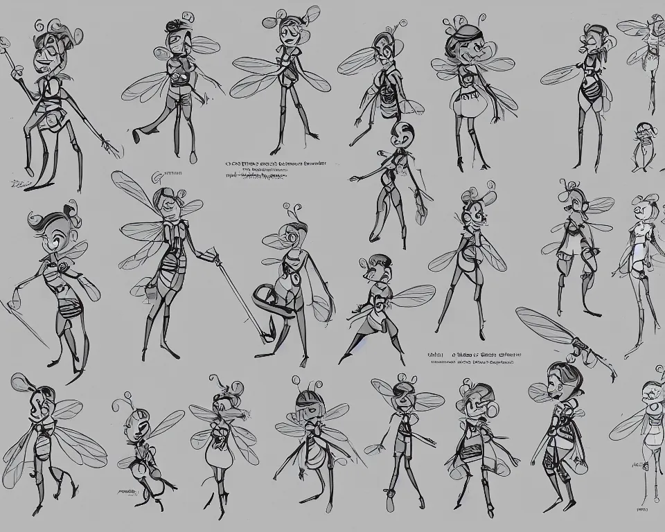 Image similar to a 360 character model sheet for a short cartoon female bee character holding a scepter