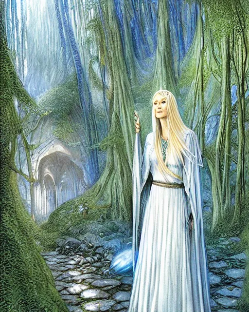 Prompt: galadriel in lothlorien, art by john howe and brothers hildebrandt