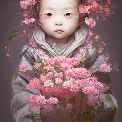 Image similar to the portrait of an absurdly cute, graceful, elegant, young japanese baby girl made of cherry flowers and petals, an ultrafine hyperdetailed illustration by kim jung gi, irakli nadar, intricate linework, bright colors, octopath traveler, unreal engine 5 highly rendered, global illumination, radiant light, detailed and intricate environment