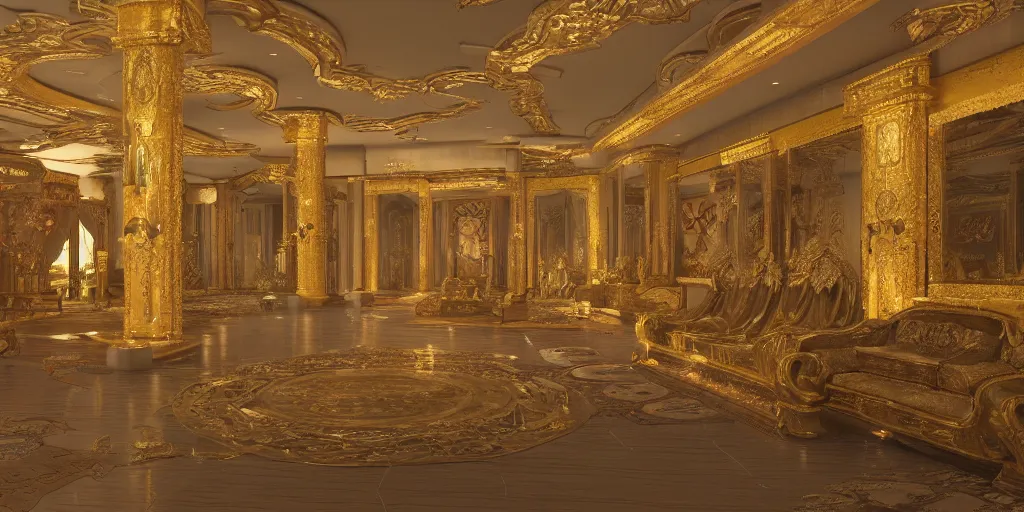 Prompt: a grand oriental throne room by by feng zhu , unreal engine, god rays, ue5, concept art, wide angle, 4k hd wallpaper