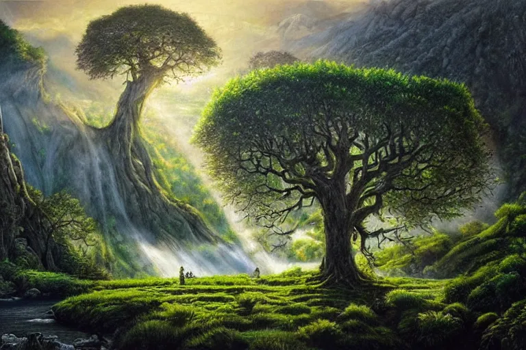 Image similar to masterpiece painting of lord of the rings tree of life on a hillside overlooking a creek, dramatic lighting, hyperrealism concept art of highly detailed by andreas franke