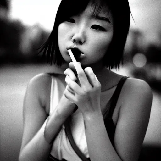 Image similar to beautiful gorgeous Japanese edgy model girl with short hair is smoking a cigarette, she's sad, sunset 80mm lens, 1.2 aperture, Kodak 5219, grainy image, close up