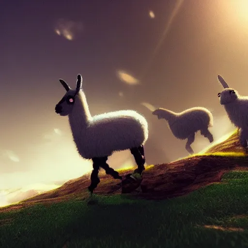 Image similar to teleporting llamas, ruuun! trending on artstation, anotomically correct, perfect lighting, calm scenery