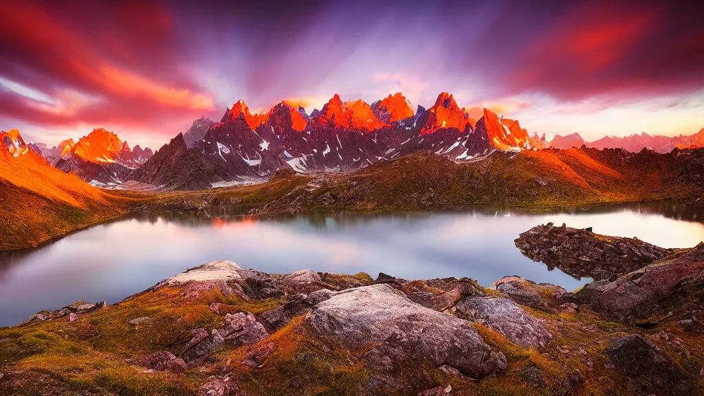 Image similar to amazing landscape photo of mountains with lake in sunset by marc adamus, beautiful dramatic lighting