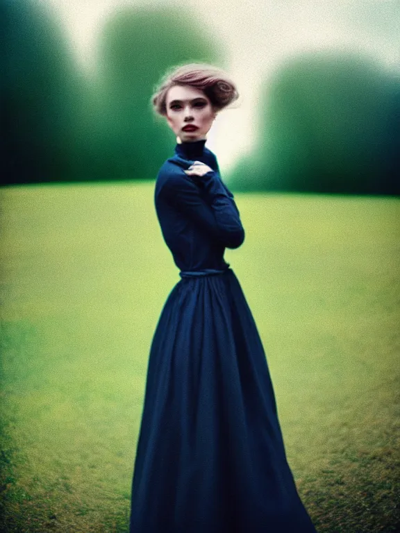 Prompt: cinestill 5 0 d photography of a woman lucy rosiek 3 / 4 style of paolo roversi, dress in voile, hair like puffy dark clouds, matt colours, soft blur outdoor background, volumetric lighting, hyperdetailed, hyperrealistic