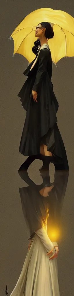 Image similar to A very tall, slender woman wearing black puffy clothes and holding a yellow umbrella, sharp focus, intricate, elegant, digital painting, artstation, matte, highly detailed, concept art, illustration, ambient lighting, art by artgerm, Alphonse mucha, and Greg Rutkowski