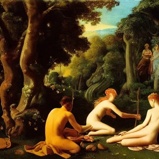 Prompt: ethereal landscape, elves, fauns, musicians, claude poussin