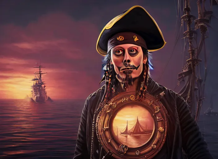 Prompt: highly detailed portrait of a sinister Elon Musk as a dread pirate captain, proudly posing at the helm of his frigate wearing an ornate pirate hat, full body, sinking smoking ship in the background at sunset, artstation, cinematic lighting, hyperdetailed, cgsociety, 8k, high resolution, insanely detailed and intricate, concept art, smooth, sharp focus, illustration, art by John Collier and Albert Aublet and Krenz Cushart and Artem Demura and Alphonse Mucha