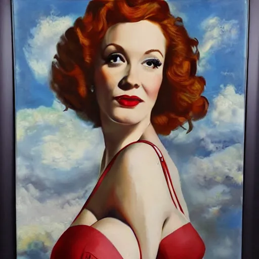 Prompt: Fully-clothed full-body portrait of Christina Hendricks as a pinup painting on world war II bomber