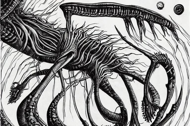 Prompt: several alien sea creature designs, silhouettes, drawings, creepy, mysterious, full page