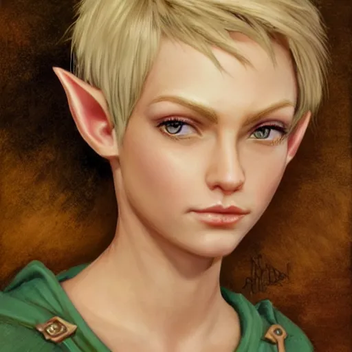 Image similar to close up headshot of a fantasy elf with short blonde hair, small ears and a strong jawline, 3/4 profile, character art, concept art, painting by Edward Robert Hughes