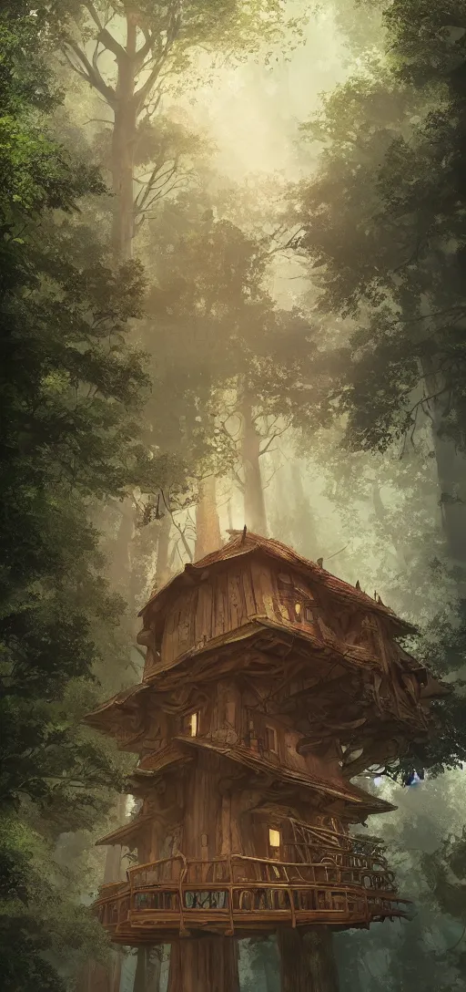 Prompt: beautiful tree house in massive sequoia tree, dynamic lighting, cinematic, establishing shot, extremly high detail, foto realistic, cinematic lighting, post processed, concept art, artstation, matte painting, style by ghibli, myazaki