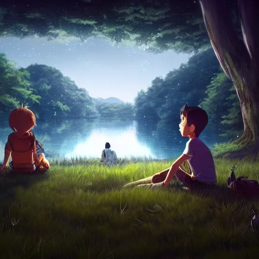 Image similar to a silver dragon and a boy sitting together next to a lake watching firefly at night in forest, concept art, dof, cryengine, digital art, detailed background, makoto shinkai