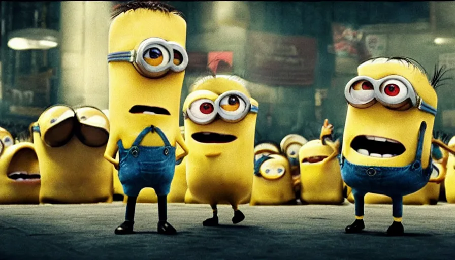 Image similar to fight club!!!!, fight club!!!! (((the minions))), movie still, directed by David fincher