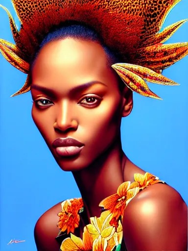 Prompt: a portrait of african supermodel with a floral background by karol bak, artgerm, moebius, yoji shinkawa : : portrait, illustration, photorealism, hyperrealism