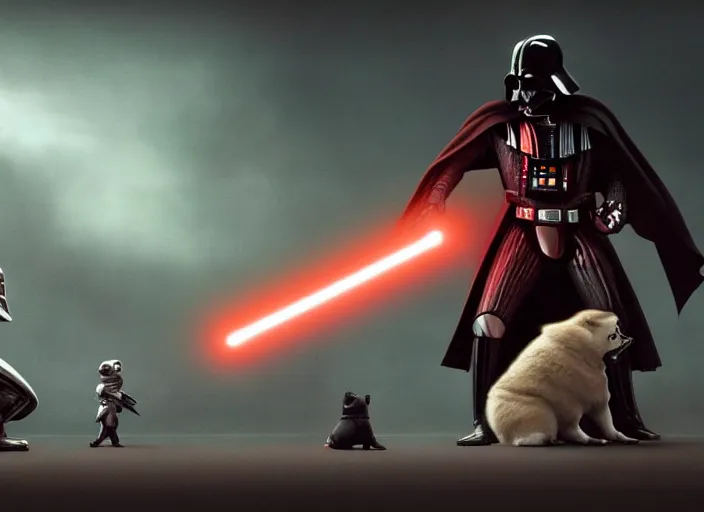 Image similar to a Photorealistic dramatic hyperrealistic render of darth vader with lightsaber drawn facing off against a cute corgi in battle, futuristic star wars vibe, by WLOP and Artgerm and Greg Rutkowski and Alphonse Mucha, Beautiful dynamic dramatic dark moody lighting, shadows, cinematic atmosphere, Artstation, concept design art, Octane render, 8K, masterpiece